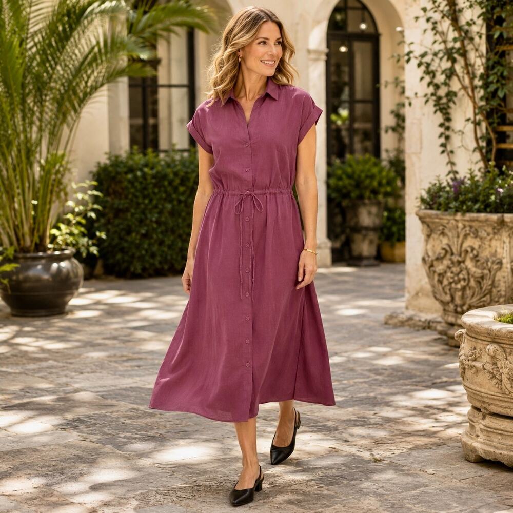Jewel Badgley Mischka Midi Shirt Dress Size M Berry Pink Tie Waist Pockets NWT